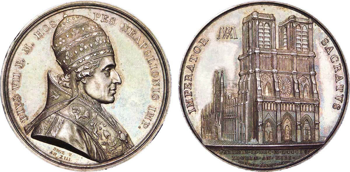 Памятная монета с изображением папы Пия VII на лицевой стороне и Собора Парижской Богоматери на оборотной стороне. Папа Пий VII